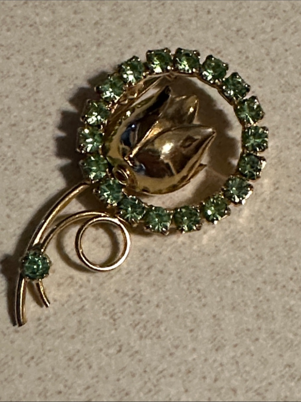 Vintage Gold tone Floral Brooch with Green Crystals - (839)